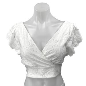 Urban Romantics White Eyelet Frill Flutter Sleeve Smocked Wrap Blouse Crop Top M